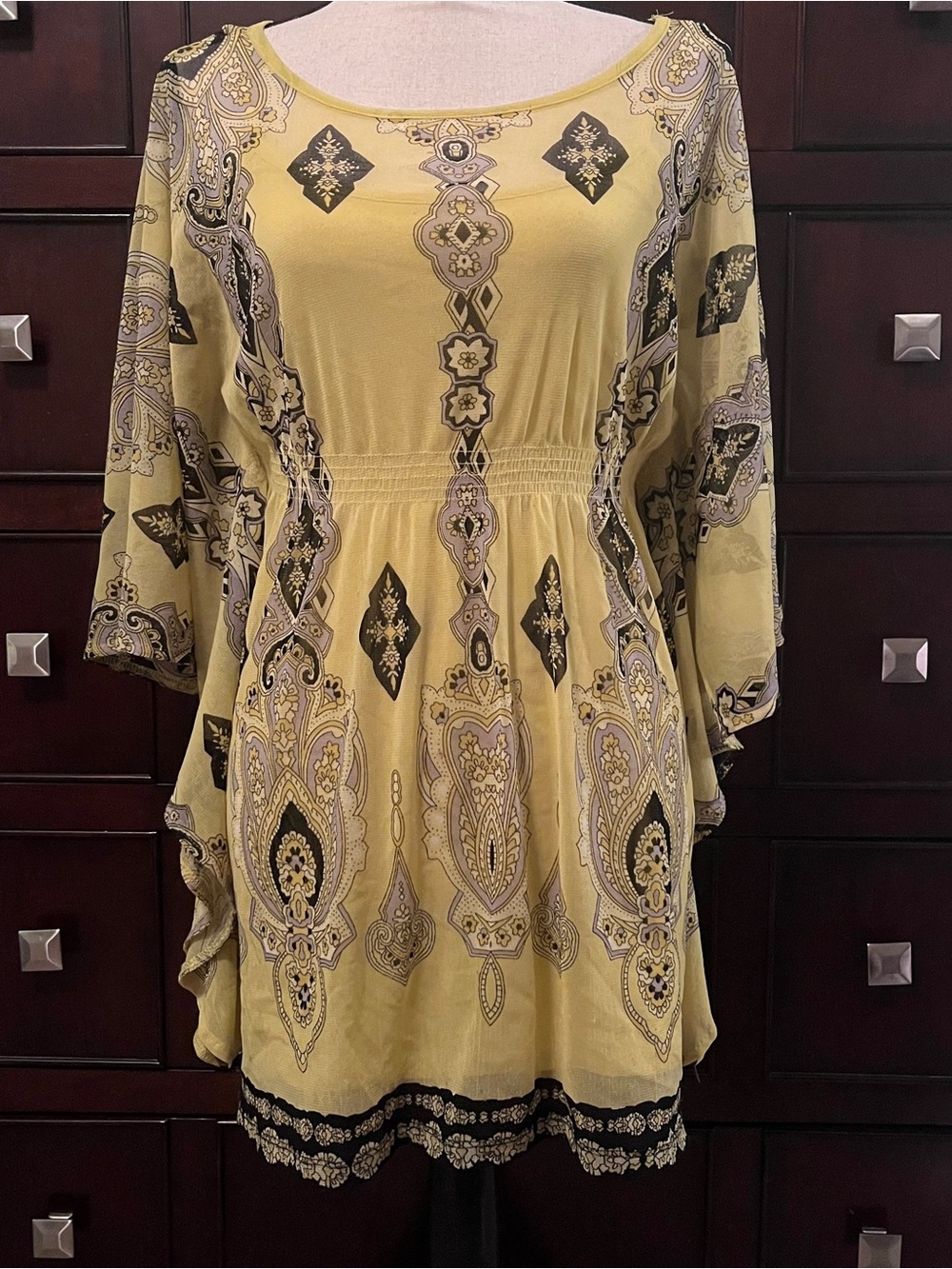Boho Paisley Tunic Top, Yellow and Black
